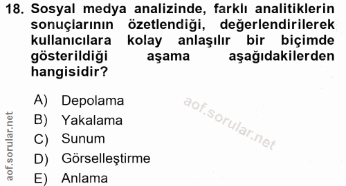18. soru: Sosyal medya analizinde, farklı analitiklerin sonuçlarının özetlendiği, değerlendirilerek kullanıcılara kolay anlaşıl…