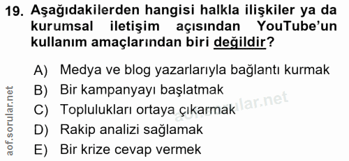 19. soru: Aşağıdakilerden hangisi halkla ilişkiler ya da kurumsal iletişim açısından YouTube'un kullanım amaçlarından biri deği…
