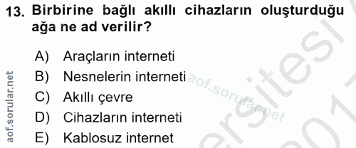 13. soru: Birbirine bağlı akıllı cihazların oluşturduğu ağa ne ad verilir? Araçların interneti B) C) Akıllı çevre Nesnelerin in…