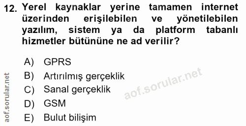 12. soru: Yerel kaynaklar yerine tamamen internet üzerinden erişilebilen ve yönetilebilen yazılım, sistem ya da platform tabanl…
