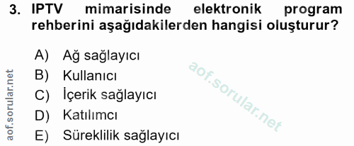 3. soru: IPTV mimarisinde elektronik program rehberini aşağıdakilerden hangisi oluşturur? A) Ağ sağlayıcı B) Kullanıcı C) İçer…