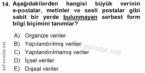 14. soru: Aşağıdakilerden hangisi büyük verinin e-postalar, metinler ve sesli postalar gibi sabit bir yerde bulunmayan serbest…