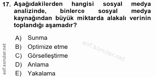 17. soru: Aşağıdakilerden hangisi sosyal medya analizinde, binlerce sosyal medya kaynağından büyük miktarda alakalı verinin top…