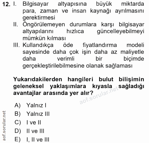 12. soru: I. Bilgisayar altyapısına büyük miktarda para, zaman ve insan kaynağı ayrılmasını terektirmes I. Öngörülemeyen duruml…