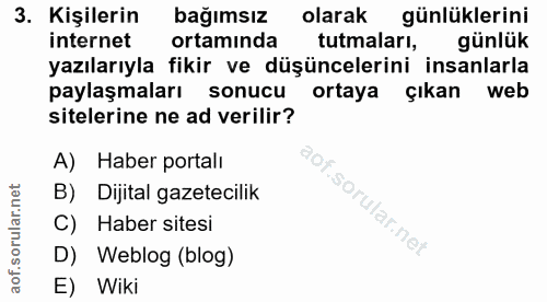 3. soru: Kişilerin bağımsız olarak günlüklerini internet ortamında tutmaları, günlük yazılarıyla fikir ve düşüncelerini insanl…