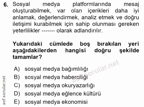 6. soru: . Sosyal medya platformlarinda mesaj oluşturabilmek, var olan içerikleri daha iyi anlamak, değerlendirmek, analiz etm…