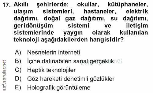 17. soru: Akıllı şehirlerde; okullar, kütüphaneler, ulaşım sistemleri, hastaneler, elektrik dağıtımı, doğal gaz dağıtımı, su da…