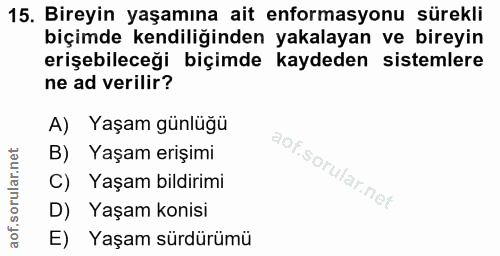 15. soru: Bireyin yaşamına ait enformasyonu sürekli biçimde kendiliğinden yakalayan ve bireyin erişebileceği biçimde kaydeden s…
