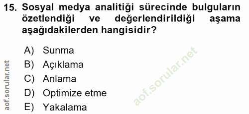 15. soru: Sosyal medya analitiği sürecinde bulguların özetlendiği ve değerlendirildiği aşama aşağıdakilerden hangisidir? A) Sun…
