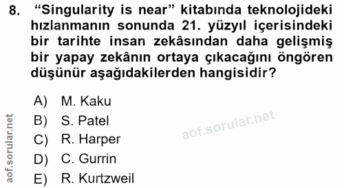 8. soru: "Singularity is near" kitabında teknolojideki hızlanmanın sonunda 21. yüzyıl içerisindeki bir tarihte insan zekâsında…