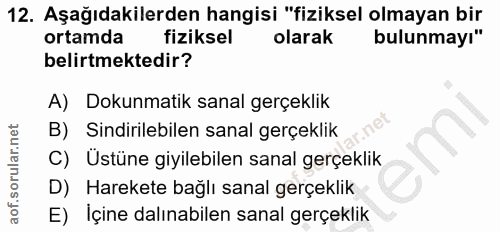12. soru: Aşağıdakilerden hangisi "fiziksel olmayan bir ortamda fiziksel olarak bulunmayı" belirtmektedir? A) Dokunmatik sanal…