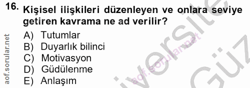 16. soru: Kişisel ilişkileri düzenleyen ve onlara seviye getiren kavrama ne ad verilir? A) Tutumlar B) Duyarlık bilinci eKS C)…