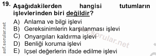19. soru: Aşağıdakilerden hangisi tutumların işlevlerinden biri değildir? A) Anlama ve bilgi işlevi B) Gereksinimlerin karşılan…
