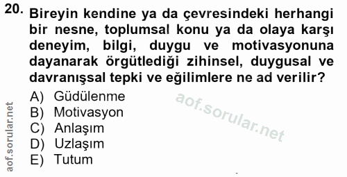 20. soru: Bireyin kendine ya da çevresindeki herhangi bir nesne, toplumsal konu ya da olaya karşı deneyim, bilgi, duygu ve moti…