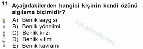 11. soru: Aşağıdakilerden hangisi kişinin kendi özünü algılama biçimidir? A) Benlik saygısı B) Benlik yönelimi C) Benlik krizi…