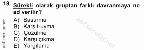 18. soru: Sürekli olarak gruptan farklı davranmaya ne ad verilir? A) Bastırma B) Karşıt-uyma C) Çozülme D) Karşı çıkma E) Yargı…