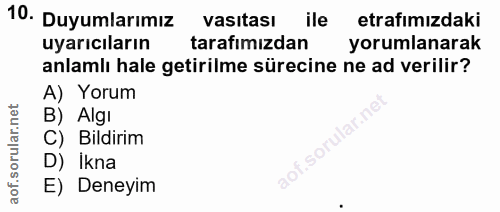 10. soru: Duyumlarımız vasıtası ile etrafımızdaki uyarıcıların tarafımızdan yorumlanarak anlamlı hale getirilme sürecine ne ad…