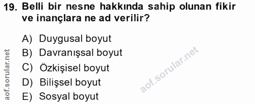 19. soru: Belli bir nesne hakkında sahip olunan fikir ve inançlara ne ad verilir? A) Duygusal boyut B) Davranışsal boyut C) Özk…