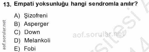 13. soru: Empati yoksunluğu hangi sendromla anılır? A) Şizofreni B) Asperger C) Down aof.sorullar.het D) Melankoli E) Fobi