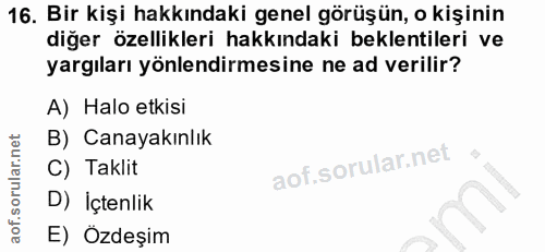 16. soru: Bir kişi hakkındaki genel görüşün, o kişinin diğer özellikleri hakkındaki beklentileri ve yargıları yönlendirmesine n…