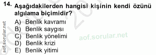 14. soru: Aşağıdakilerden hangisi kişinin kendi özünü algılama biçimidir? A) Benlik kavramı B) Benlik saygısı C) Benlik yönelim…