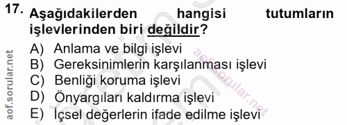 17. soru: Aşağıdakilerden hangisi tutumların işlevlerinden biri değildir? A) Anlama ve bilgi işlevi B) Gereksinimlerin karşılan…