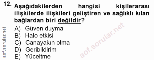 12. soru: Aşağıdakilerden hangisi kişilerarası ilişkilerde ilişkileri geliştiren ve sağlıklı kılan bağlardan biri değildir? A)…