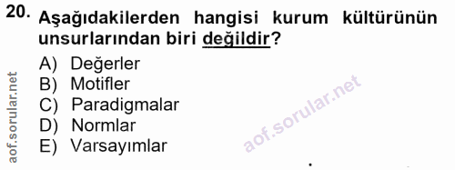 20. soru: Aşağıdakilerden hangisi kurum kültürünün unsurlarından biri değildir? A) Değerler B) Motifler C) Paradigmalar D) Norm…