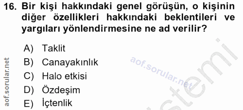 16. soru: Bir kişi hakkındaki genel görüşün, o kişinin diğer özellikleri hakkındaki beklentileri ve yargıları yönlendirmesine n…