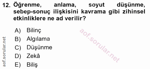 12. soru: Öğrenme, anlama, soyut düşünme, sebep-sonuç ilişkisini kavrama gibi zihinsel etkinliklere ne ad verilir? A) Bilinç B)…