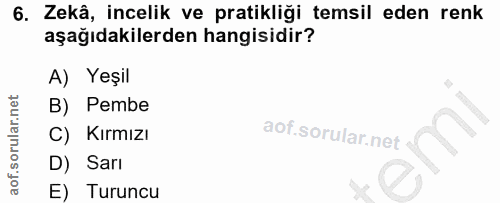 6. soru: Zekâ, incelik ve pratikliği temsil eden renk aşağıdakilerden hangisidir? A) Yeşil B) Pembe C) Kırmızı D) Sarı E) Turuncu
