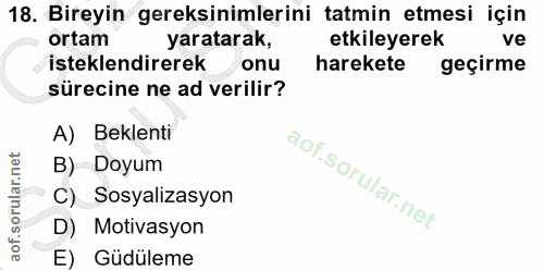 18. soru: Bireyin gereksinimlerini tatmin etmesi için ortam yaratarak, etkileyerek ve isteklendirerek onu harekete geçirme süre…