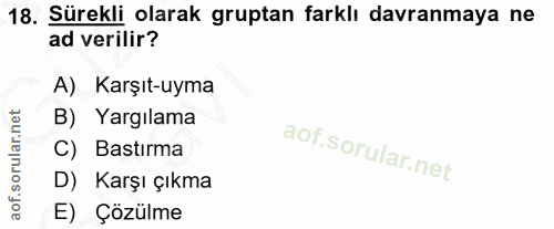 18. soru: Sürekli olarak gruptan farklı davranmaya ne ad verilir? A) Karşıt-uyma B) Yargılama C) Bastırma D) Karşı çıkma E) Çöz…