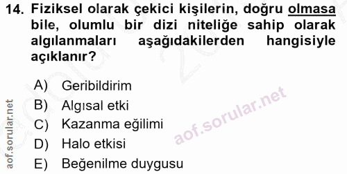 14. soru: Fiziksel olarak çekici kişilerin, doğru olmasa bile, olumlu bir dizi niteliğe sahip olarak algılanmaları aşağıdakiler…