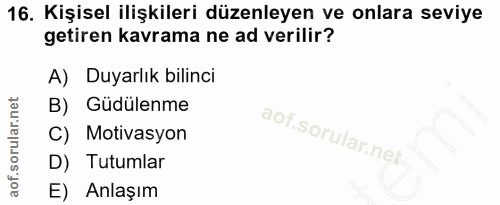 16. soru: Kişisel ilişkileri düzenleyen ve onlara seviye getiren kavrama ne ad verilir? A) Duyarlık bilinci B) Güdülenme C) Mot…