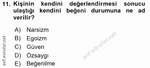 11. soru: Kişinin kendini değerlendirmesi sonucu ulaştığı kendini begeni durumuna ne ad verilir? A) Narsizm B) Egoizm C) Güven…