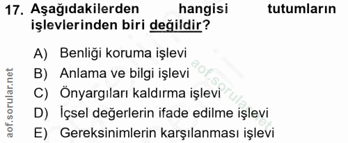 17. soru: Aşağıdakilerden hangisi tutumların işlevlerinden biri değildir? A) Benliği koruma işlevi B) Anlama ve bilgi işlevi C)…