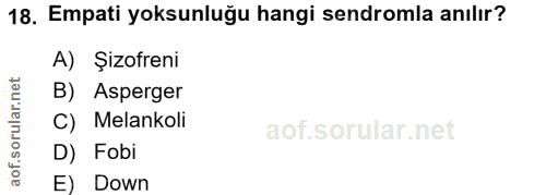 18. soru: Empati yoksunluğu hangi sendromla anılır? A) Şizofreni rular.net B) Asperger C) Melankoli aof.s D) Fobi E) Down