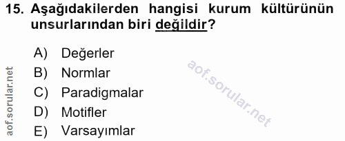 15. soru: Aşağıdakilerden hangisi kurum kültürünün unsurlarından biri değildir? A) Değerler B) Normlar C) Paradigmalar D) Motif…