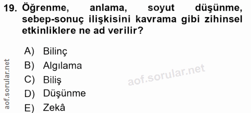 19. soru: Öğrenme, anlama, soyut düşünme, sebep-sonuç ilişkisini kavrama gibi zihinsel etkinliklere ne ad verilir? A) Bilinç B)…