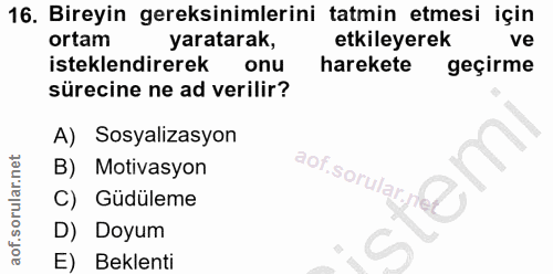 16. soru: Bireyin gereksinimlerini tatmin etmesi için ortam yaratarak, etkileyerek ve isteklendirerek onu harekete geçirme süre…