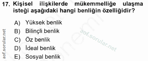 17. soru: Kişisel ilişkilerde mükemmelliğe ulaşma isteği aşağıdaki hangi benliğin özelliğidir? A) Yüksek benlik B) Bilinçli ben…