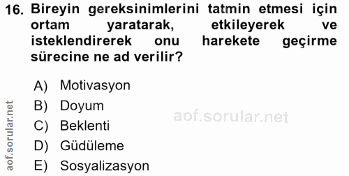 16. soru: Bireyin gereksinimlerini tatmin etmesi için ortam yaratarak, etkileyerek ve isteklendirerek onu harekete geçirme süre…