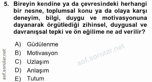 5. soru: Bireyin kendine ya da çevresindeki herhangi bir nesne, toplumsal konu ya da olaya karşı deneyim, bilgi, duygu ve moti…