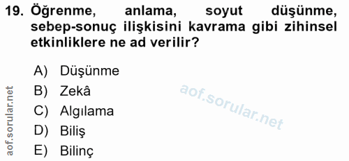 19. soru: Öğrenme, anlama, soyut düşünme, sebep-sonuç ilişkisini kavrama gibi zihinsel etkinliklere ne ad verilir? A) Düşünme B…