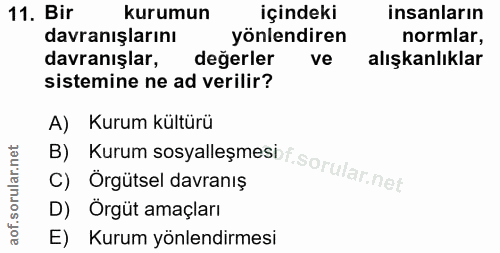 11. soru: Bir kurumun içindeki insanların davranışlarını yönlendiren normlar, davranışlar, değerler ve alışkanlıklar sistemine…