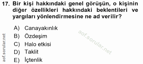 17. soru: Bir kişi hakkındaki genel görüşün, o kişinin diğer özellikleri hakkındaki beklentileri ve yargıları yönlendirmesine n…