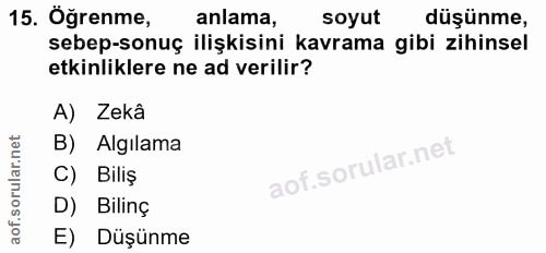 15. soru: Öğrenme, anlama, soyut düşünme, sebep-sonuç ilişkisini kavrama gibi zihinsel etkinliklere ne ad verilir? A) Zekâ B) A…
