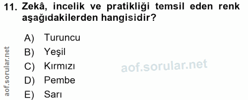 11. soru: Zekâ, incelik ve pratikliği temsil eden renk aşağıdakilerden hangisidir? A) Turuncu B) Yeşil Kırmızı D) Pembe E) Sarı