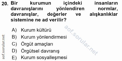 20. soru: Bir kurumun içindeki insanların davranışlarını yönlendiren normlar, davranışlar, değerler ve alışkanlıklar sistemine…